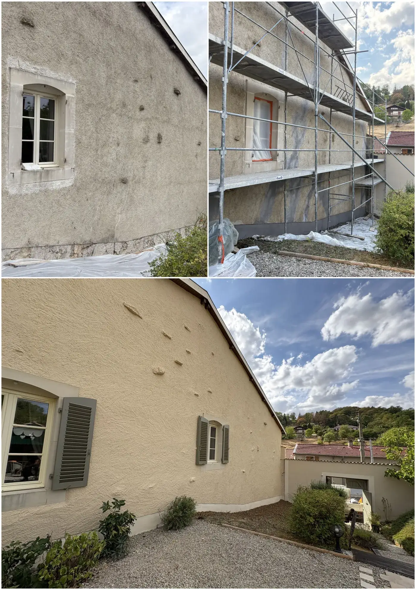 Avant/après : ravalement de la façade d'une maison ancienne, enduit à la chaux teinté sable