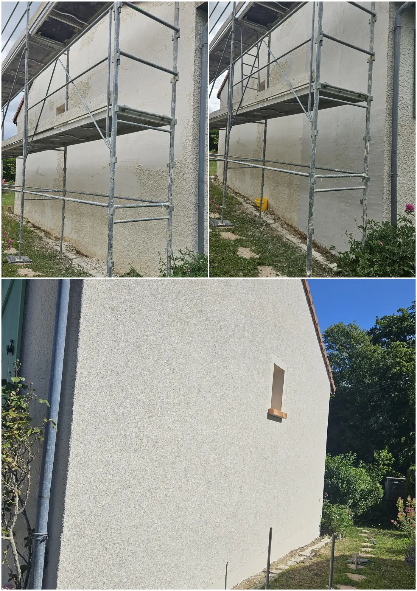 Avant/après : mise en peinture d'une façade en crépi, du support préparé à la finition blanche uniforme