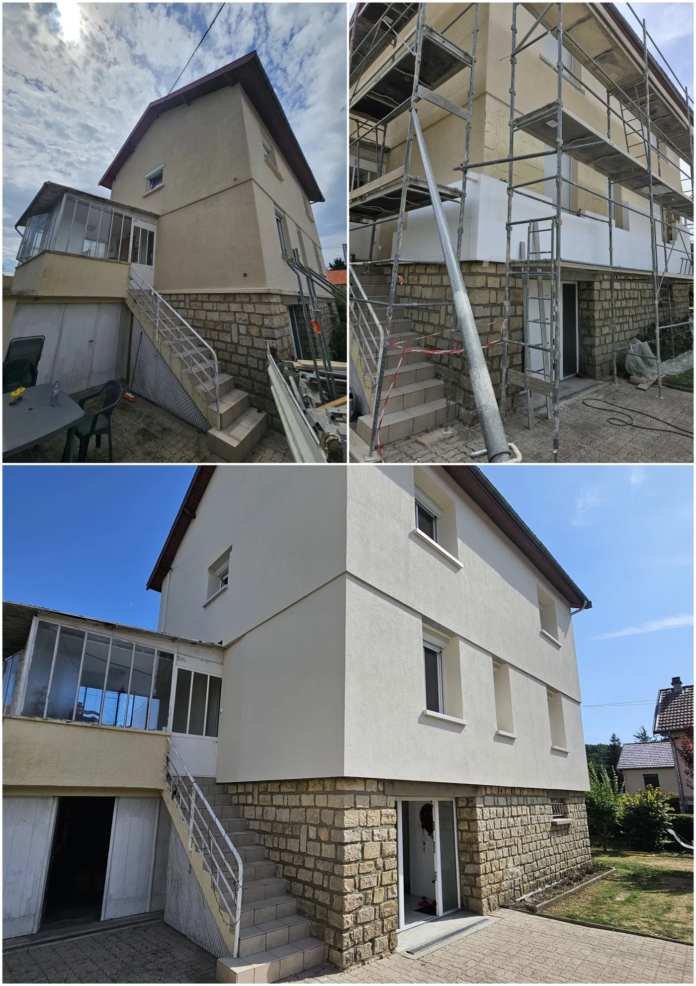 Avant/après : rénovation complète de la façade d'une maison — isolation, enduit taloché et finitions
